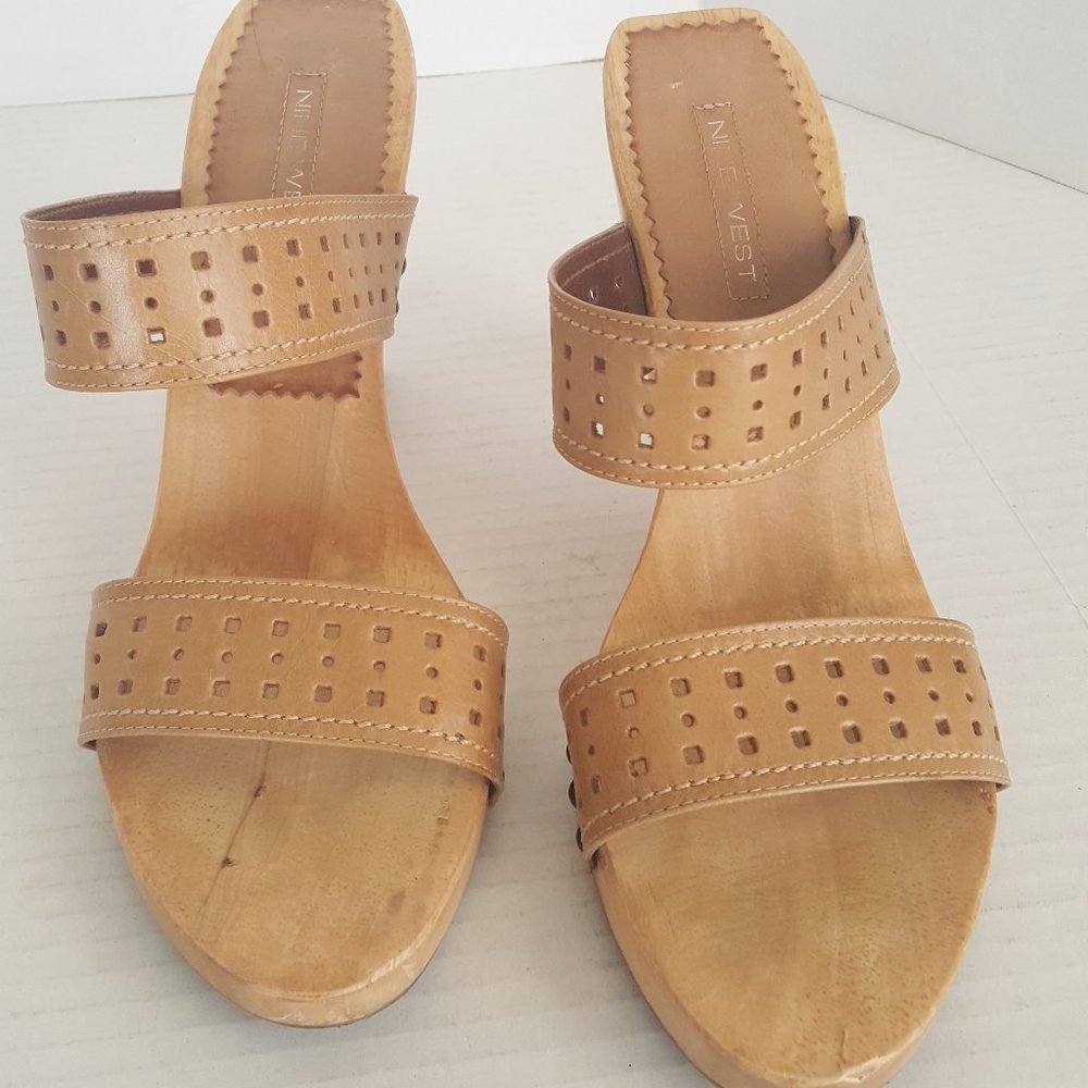 NINE WEST WOOD High Heel Platform Sandal Slides Sz 10 Leather Upper 5"